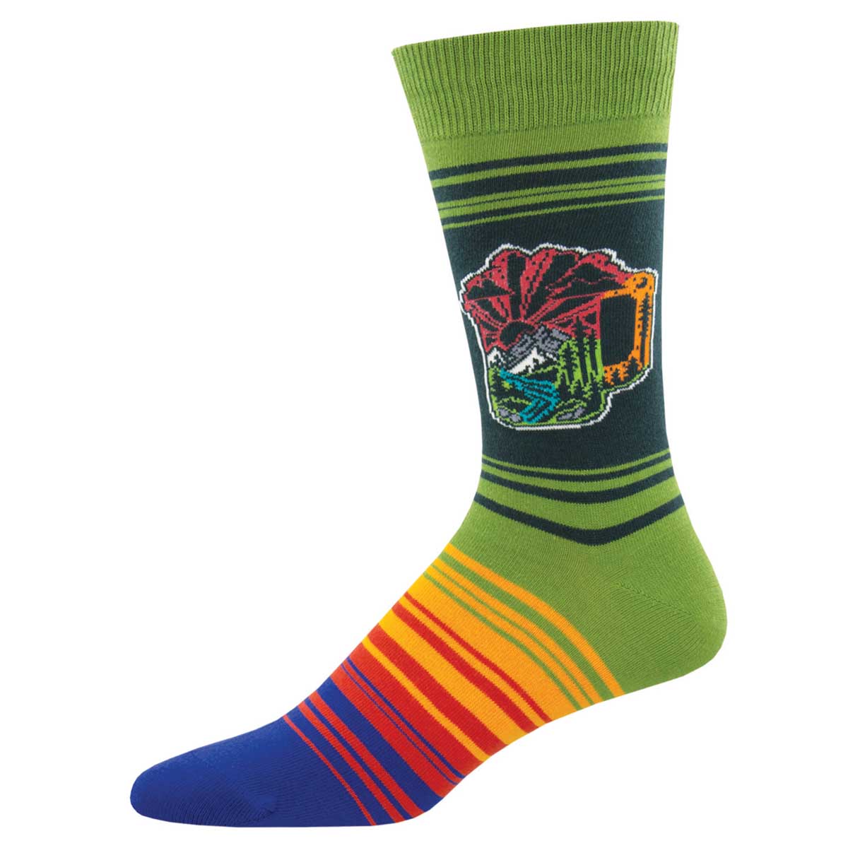 A pair of men's crew socks with a colorful striped pattern and a beer mug illustration near the top.