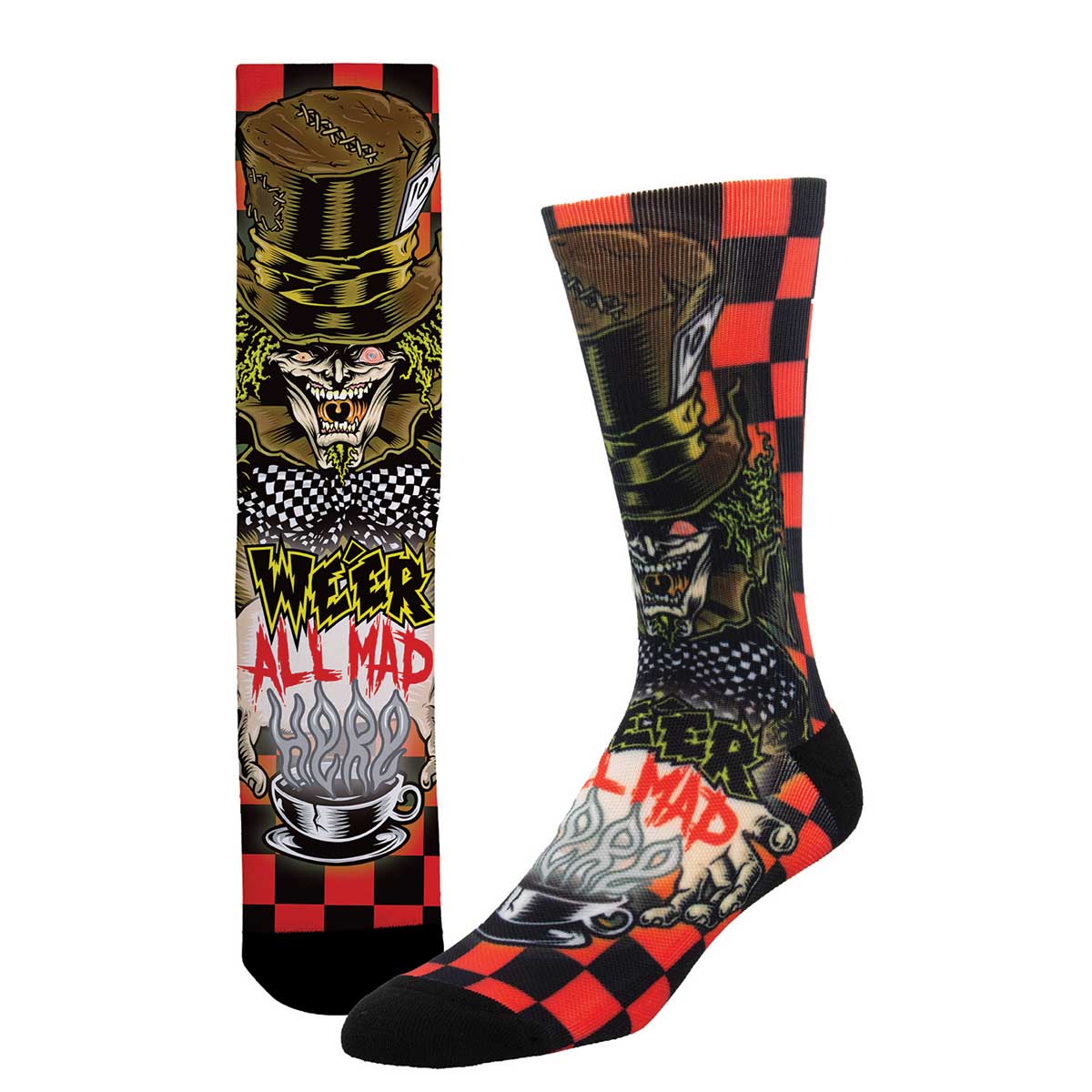 A pair of socks with a 3D printed design featuring characters and elements from the Alice in Wonderland movie.
