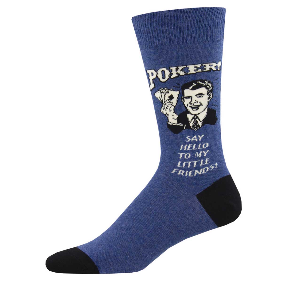 A pair of blue crew socks with a retro spoofs design featuring text and a cartoon image. Text reads: Say Hello to my Little Friends!