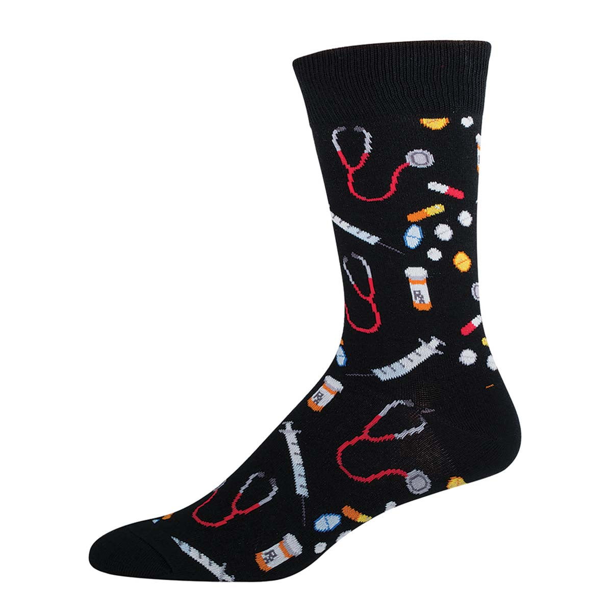 Men's Meds sock in Black color with medicine and doctor supplies print