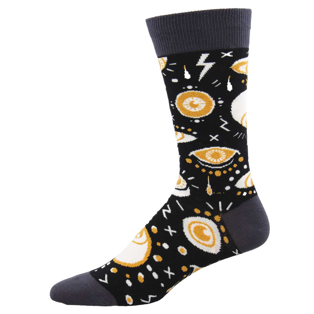 A pair of men's crew socks with a novelty print design featuring eyes and abstract patterns on a black background.