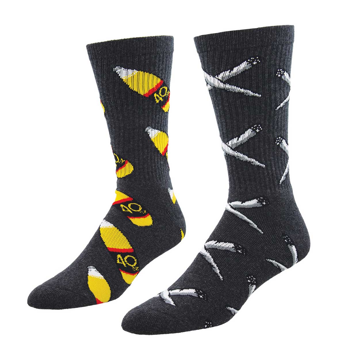 A pair of gray crew socks with a pattern of booze on one foot and joints on the other that includes other colors such as yellow and white, and text that reads '4Ooz'.