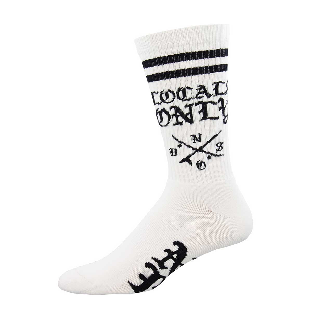 A pair of white crew socks with the text 'LOCALS ONLY' and the logo 'NO BS' printed in black on the calf area. The socks also feature two white horizontal stripes near the top and a graphic pattern near the ankle.