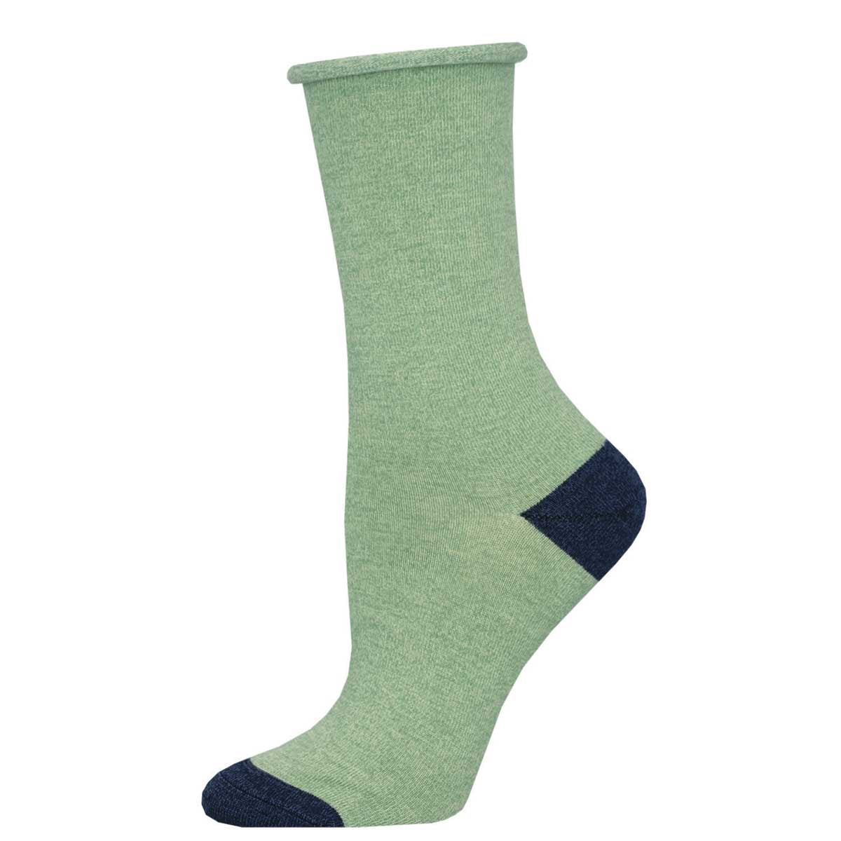 A green sock with a contrasting blue roll top and heel toe design.