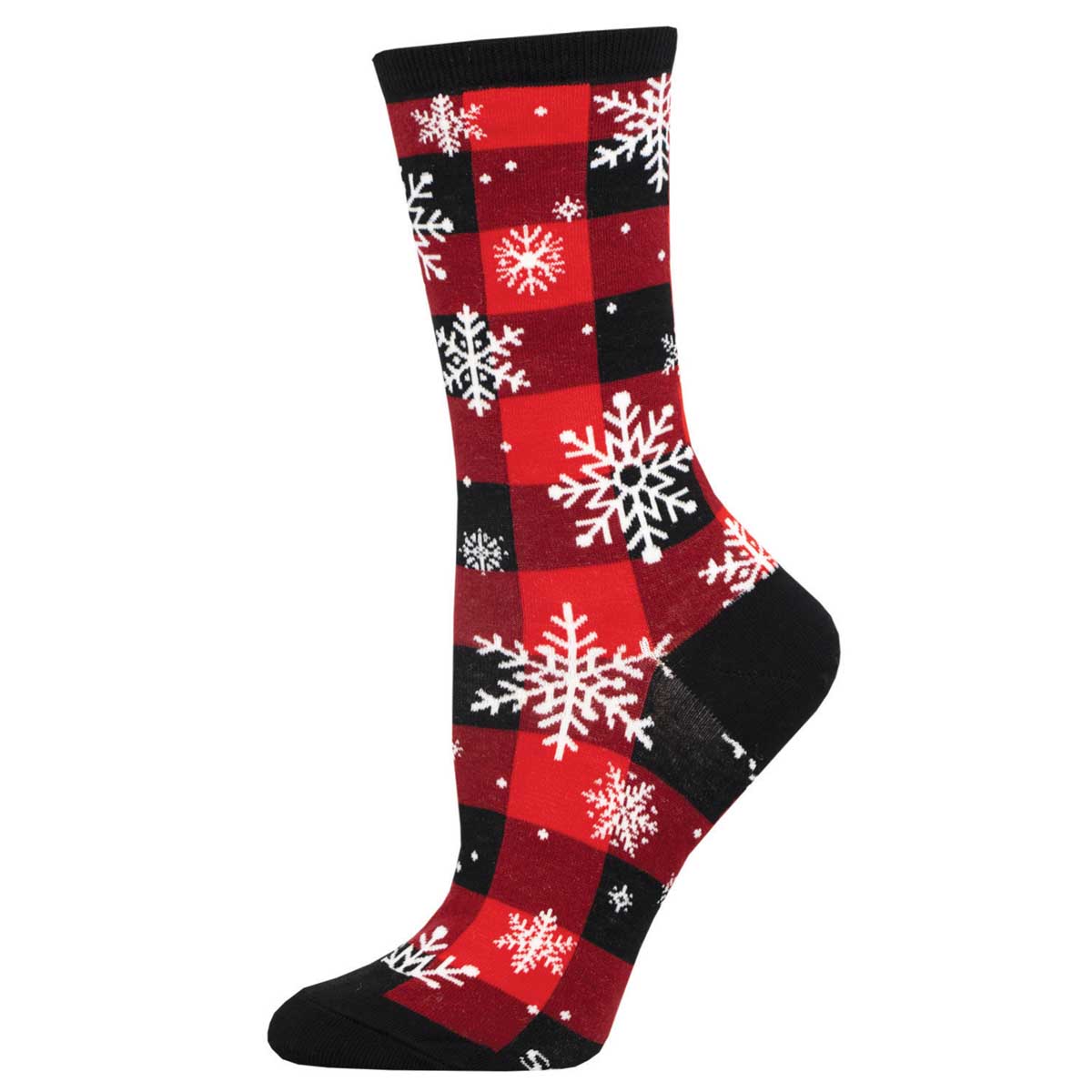 A pair of black and red plaid socks with white snowflake patterns on them, designed for women.