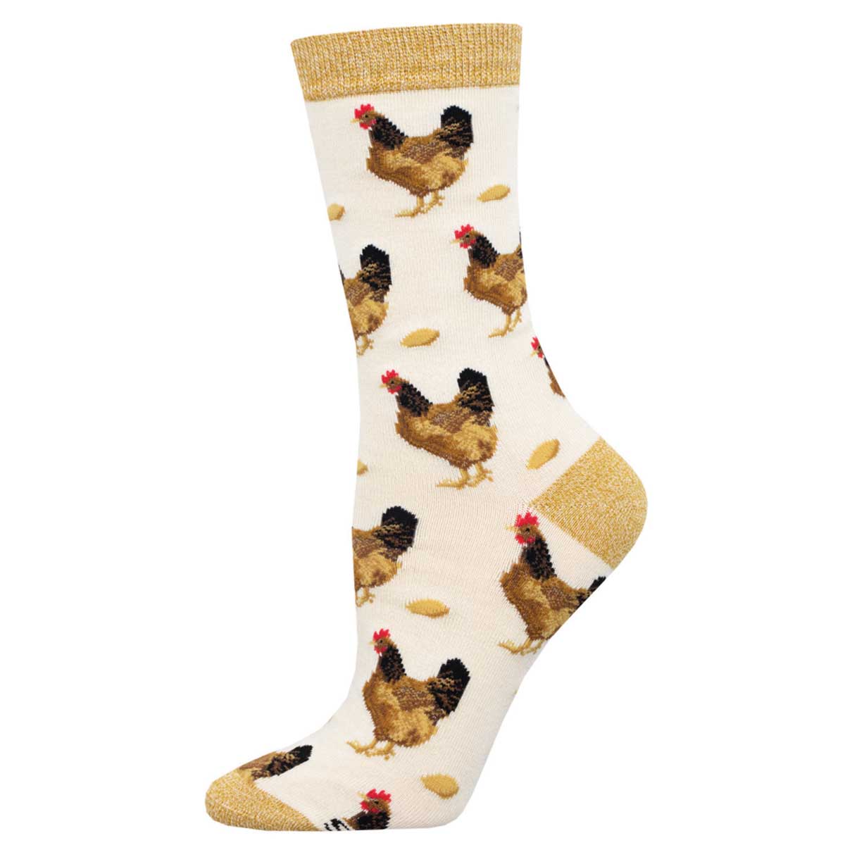 A pair of women's socks with a pattern of chickens and eggs on a beige background.