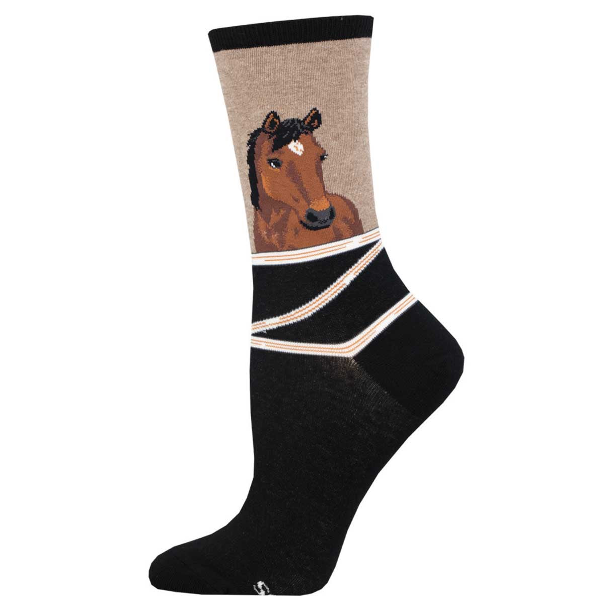 Women's Hey Neigh-bor sock in Hemp color with horse graphic design