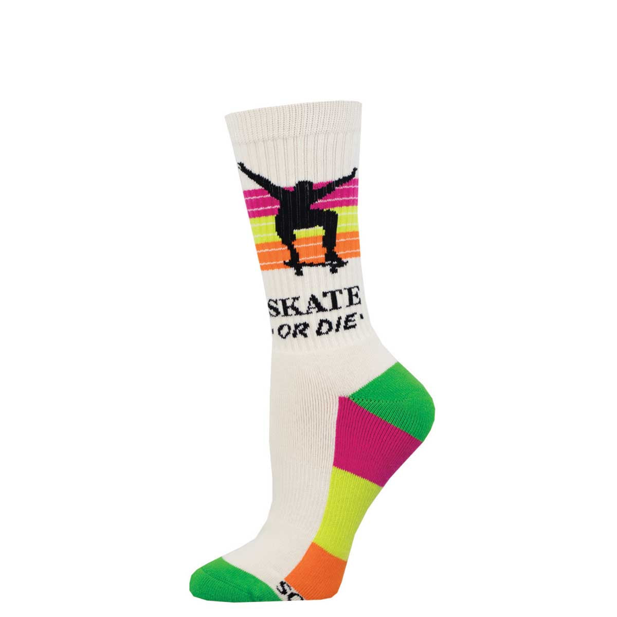 A pair of white crew socks with a colorful neon geometric pattern and text 'SKATE OR DIE' on the lower leg.