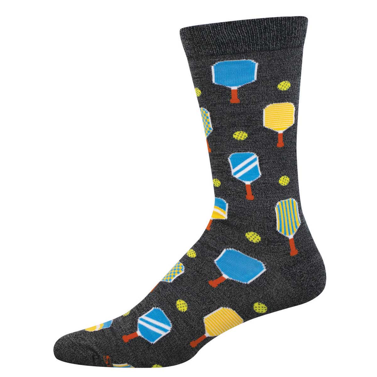 Gray sock with a colorful pickleball paddle and ball pattern