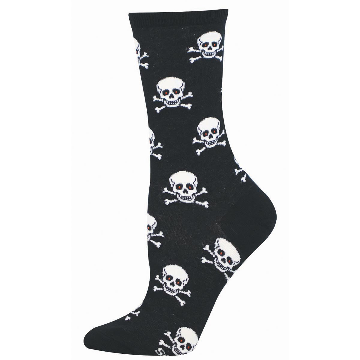 Black sock with white skull and crossbones pattern.