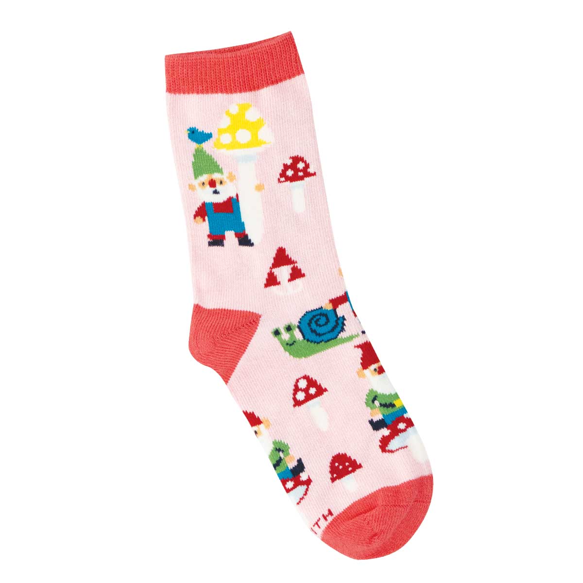 4-7yo Colorful children's sock with gnomes, mushrooms, and snails on a pink background