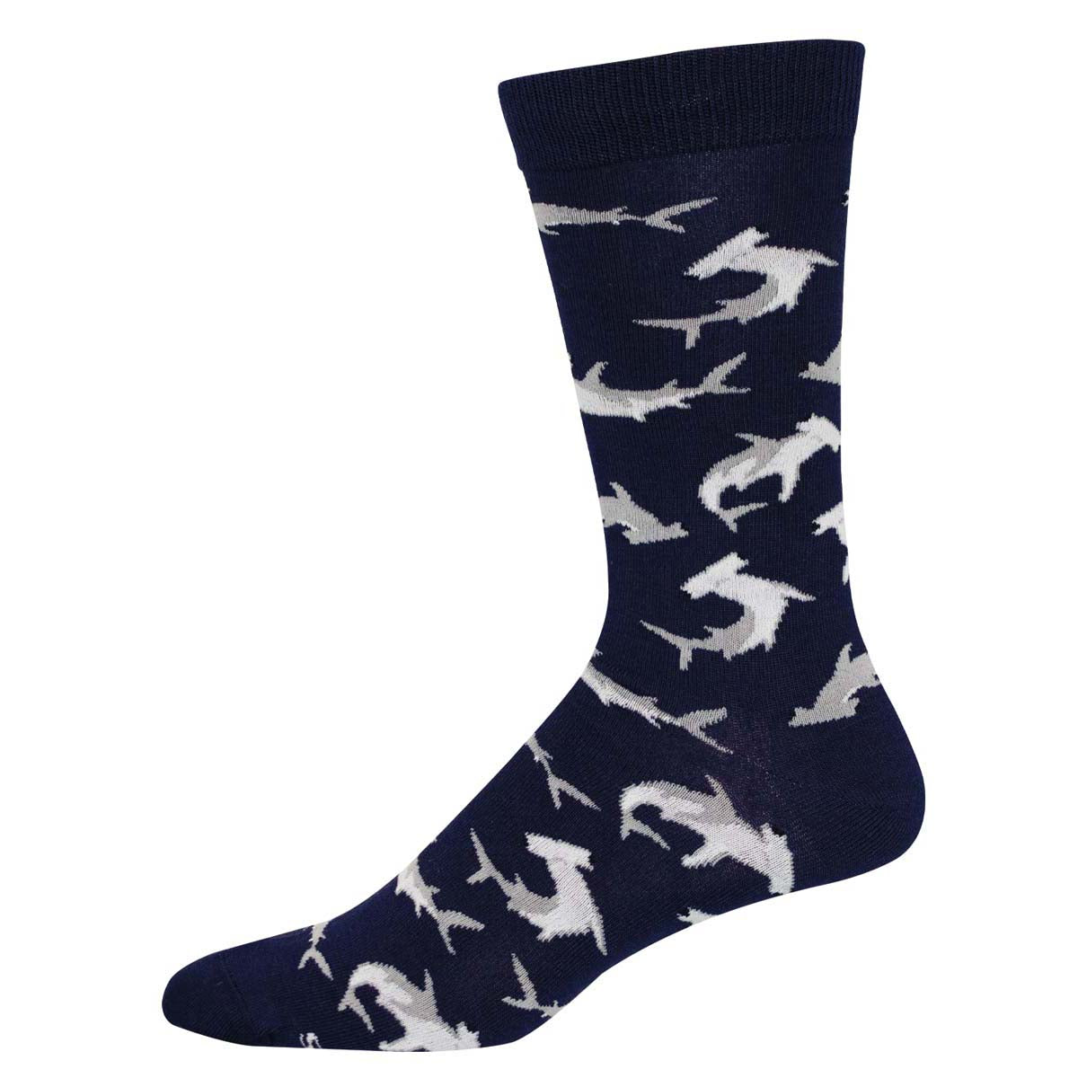 A navy blue sock with a pattern of white shark silhouettes.