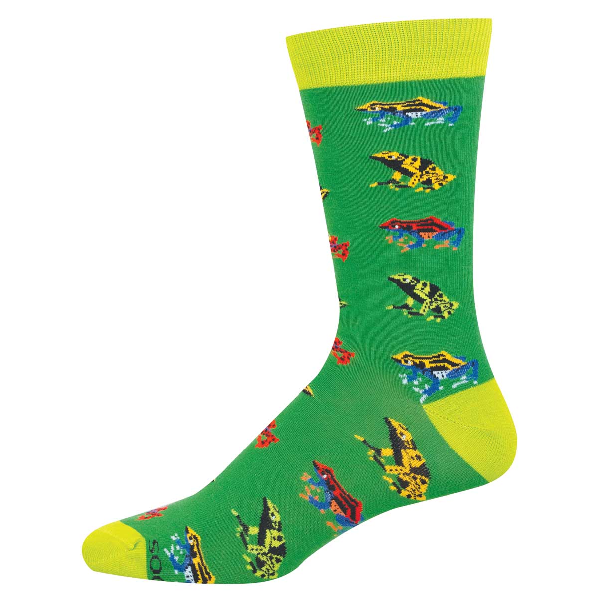 green sock with colorful frog pattern