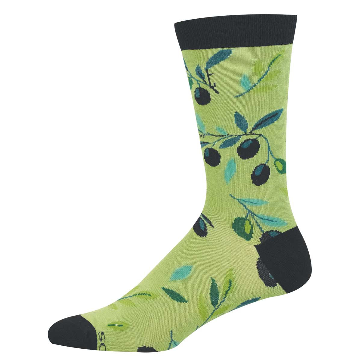Green sock with dark green olives and leaves pattern