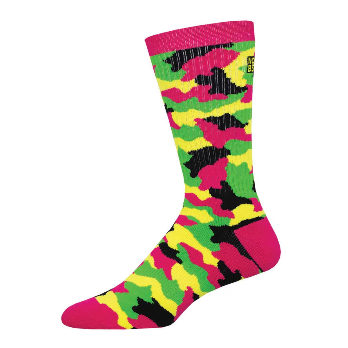 Colorful camouflage-patterned sock with pink, green, yellow, and black