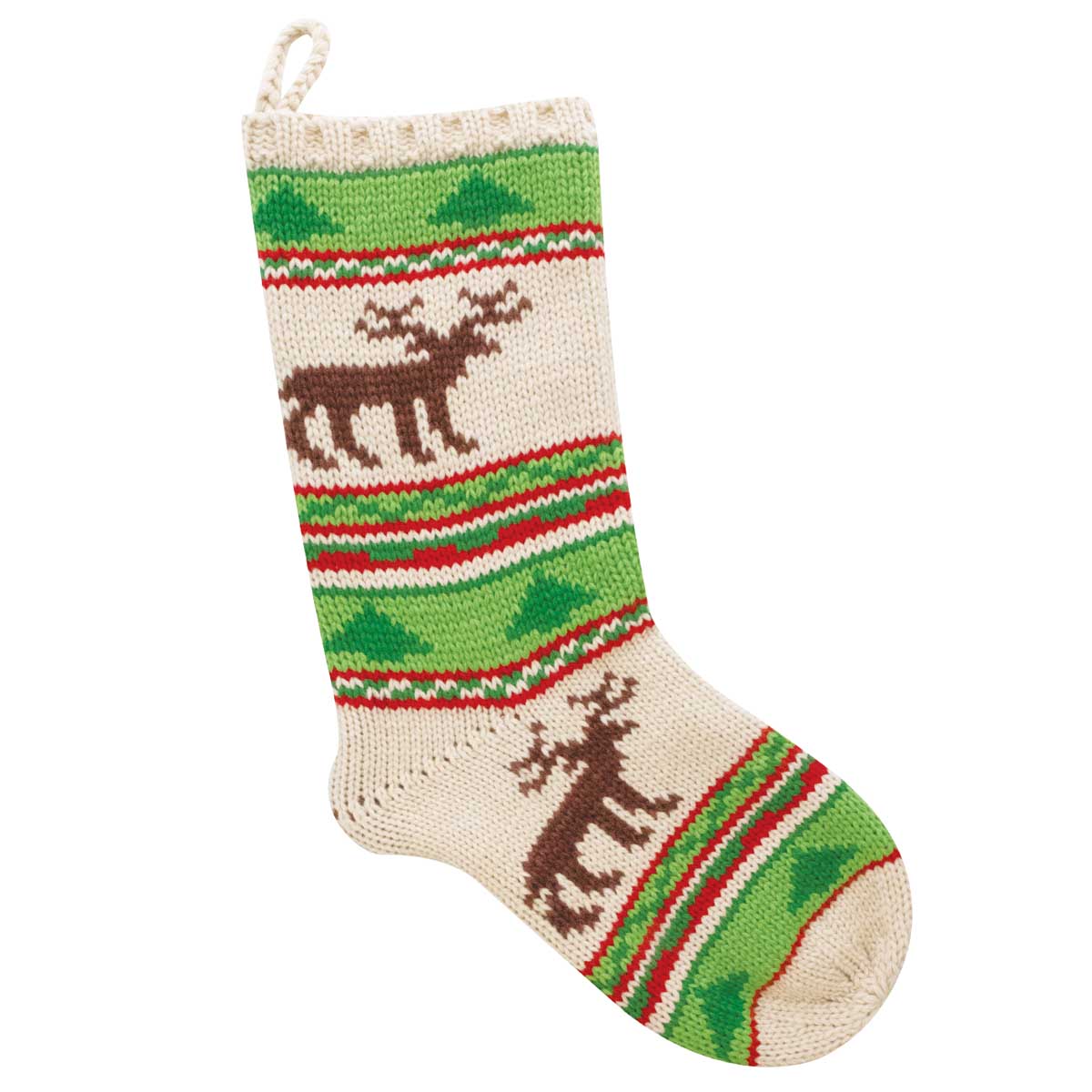 A knit Christmas stocking featuring brown moose silhouettes, green pine trees, and red and green striped bands on a cream background, with a hanging loop at the top.