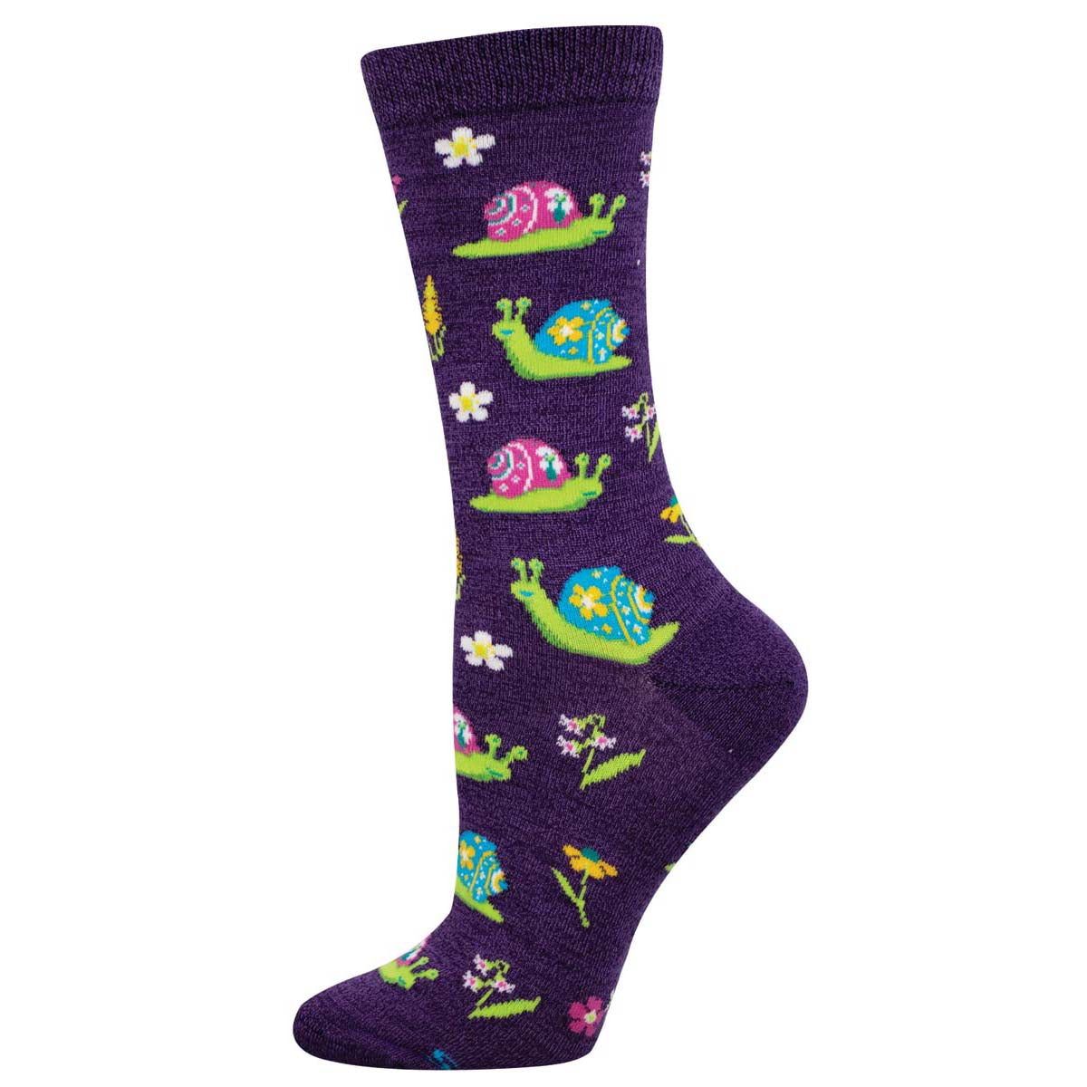 A pair of purple socks with a pattern of colorful snails and flowers.