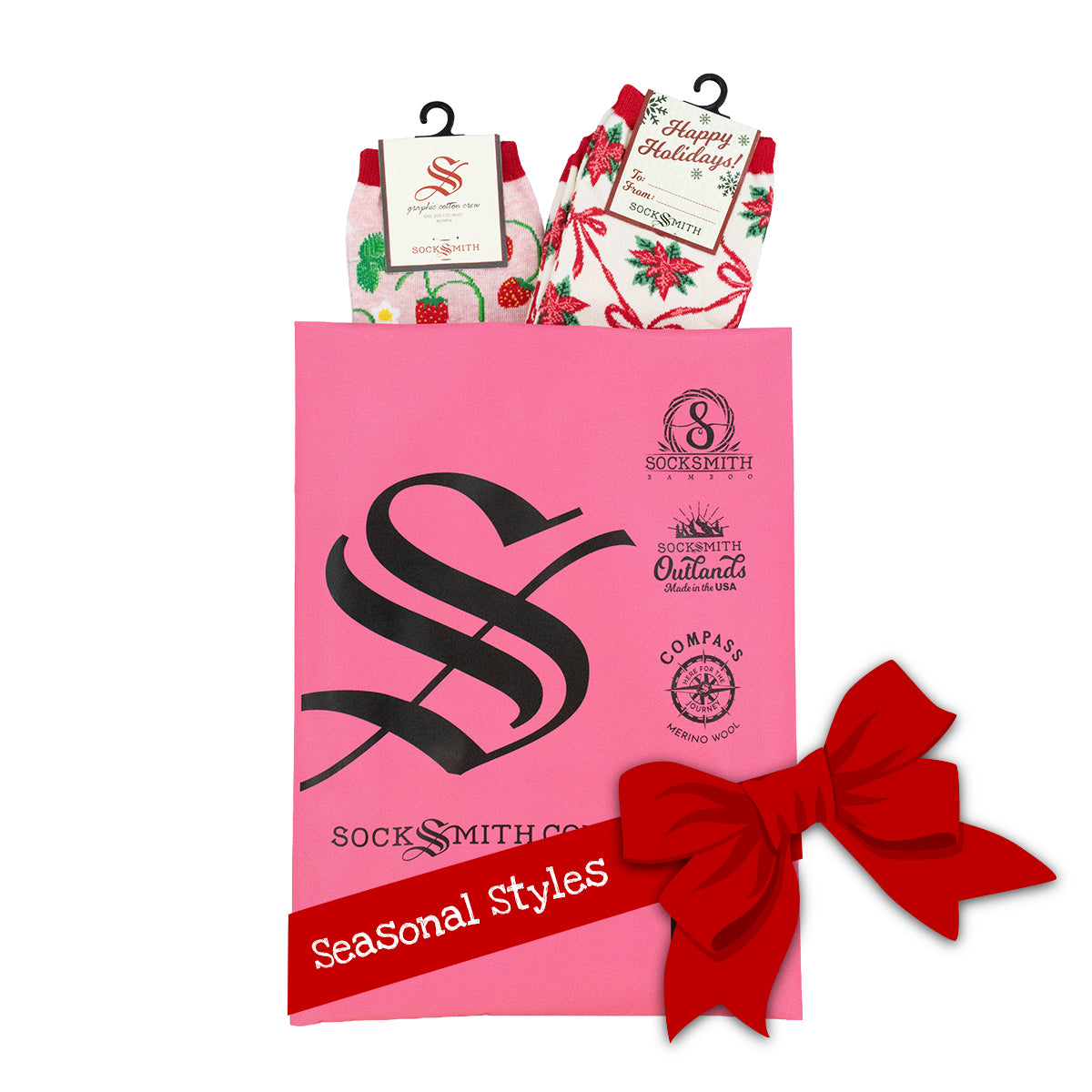 A pink Socksmith gift bag with black printed logos and text, holding two packaged pairs of women's cotton novelty socks, one regular style and one holiday themed. A decorative red bow has been added to the image to highlight the seasonal styles.
