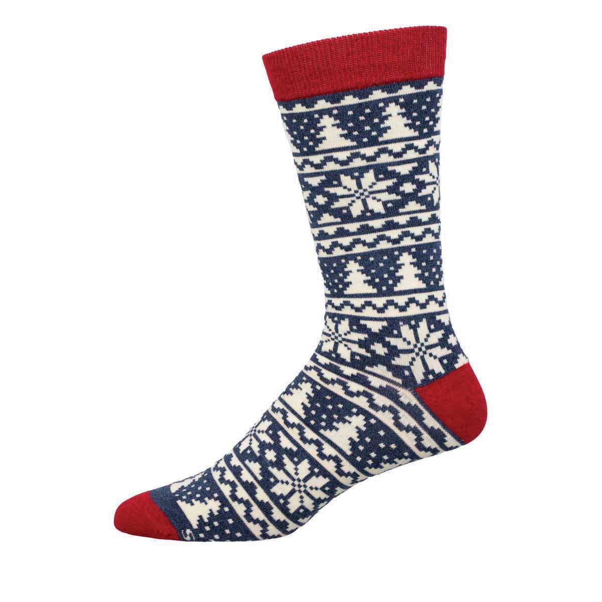 A pair of Christmas-themed socks with a Fair Isle pattern in blue and white, featuring red accents on the cuffs and heels.