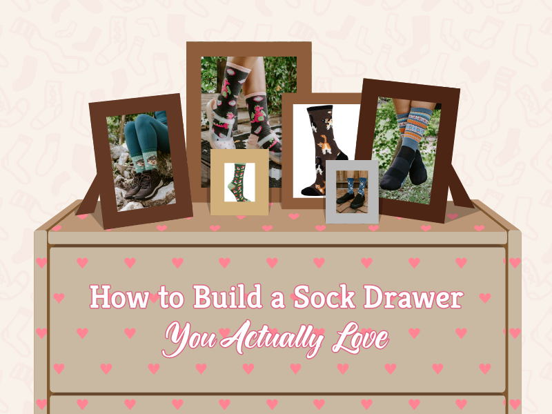 Illustration of photo frames on top of sock drawer with title "How to Build a Sock Drawer You Actually Love"