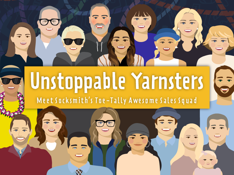 "Unstoppable Yarnsters - Meet Socksmith's Toe-tally Awesome Sales Squad" with an illustration of Socksmith's sales reps in front of a tangled yarn background