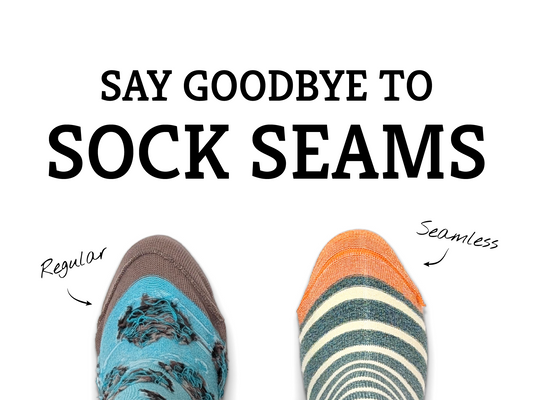 Image of two inside-out sock toes, one with a regular seam and one with seamless, with the text "say goodbye to sock seams"