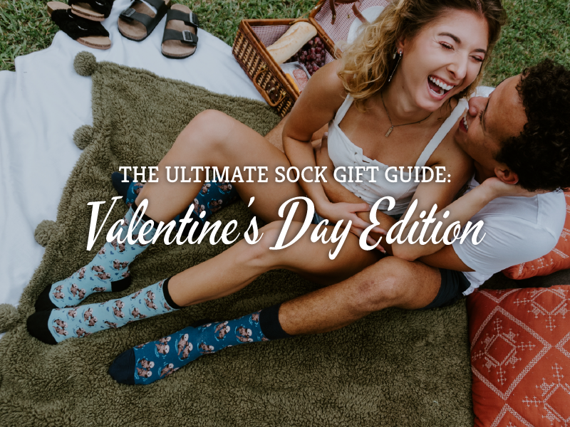 The ultimate sock gift guide: valentine's day edition. Background image features a couple both wearing Significant Otter socks laughing on a picnic blanket.