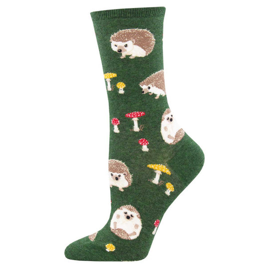 Women's Slow Poke sock with hedgehog and mushroom design in Green Heather color