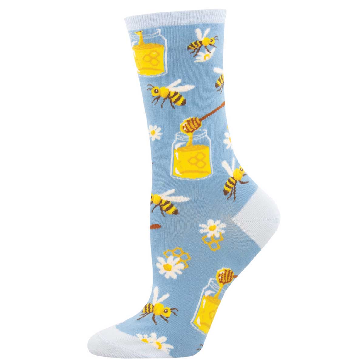 Socks with bee and honey design on a light blue background