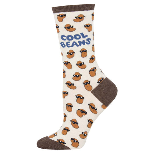Women's Cool Beans sock in ivory heather color with beans wearing sunglasses design 