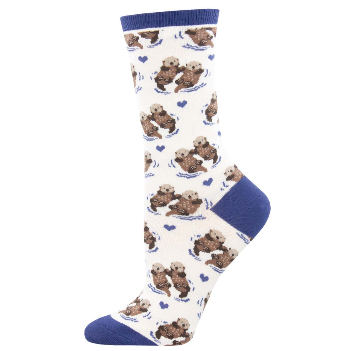 Socks with otter pattern and blue accents on a white background