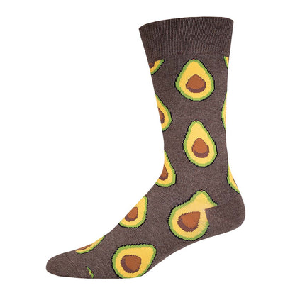 A pair of heather brown cotton crew socks with avocado designs