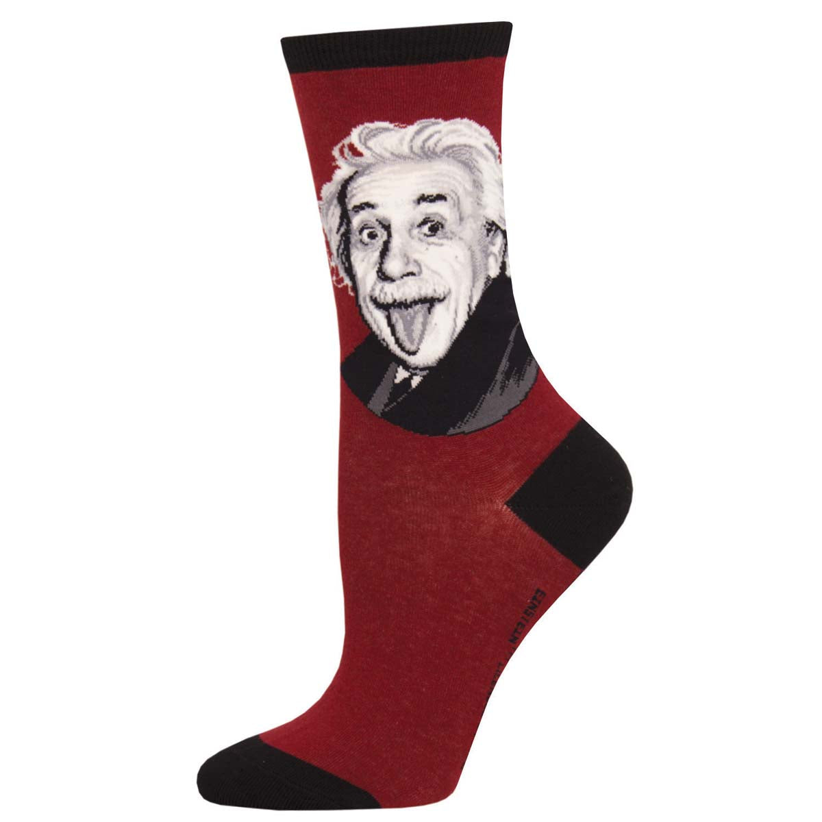A pair of red crew socks with a portrait of Albert Einstein in black and white.