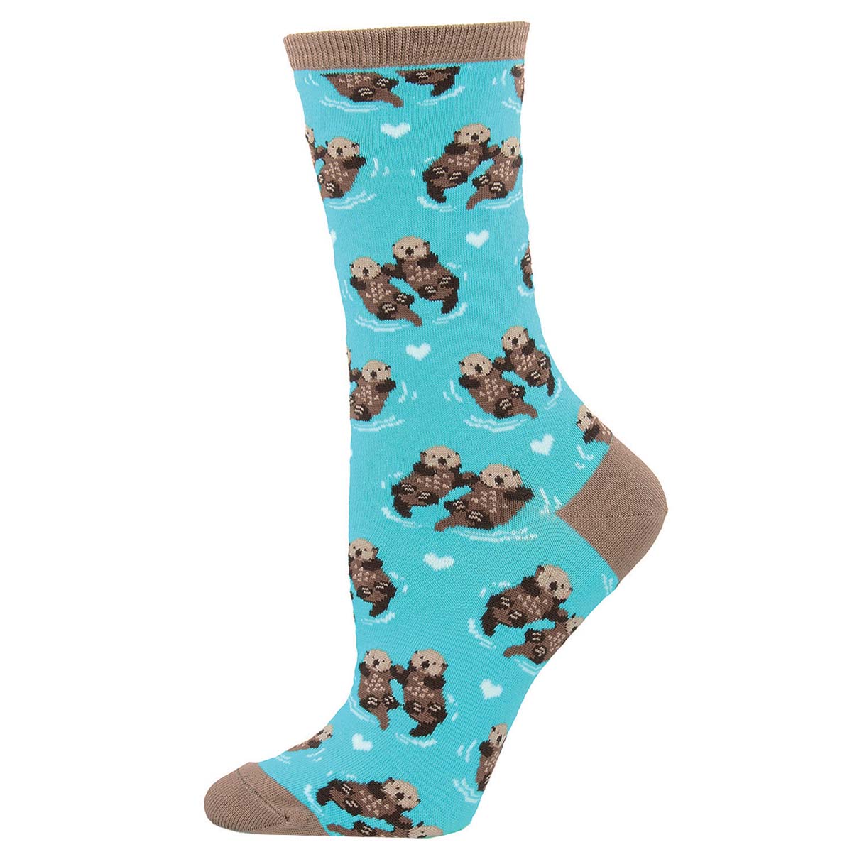 Women's sock with bright blue otter pattern on a blue background