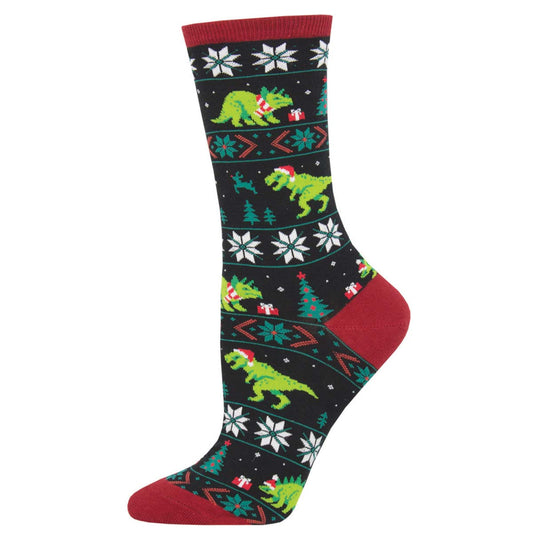 Christmas-themed sock with dinosaur design in the style of an ugly sweater