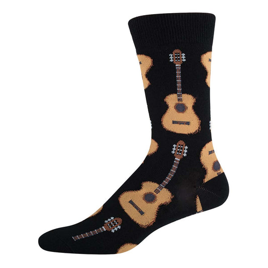 Black socks with brown acoustic guitar pattern
