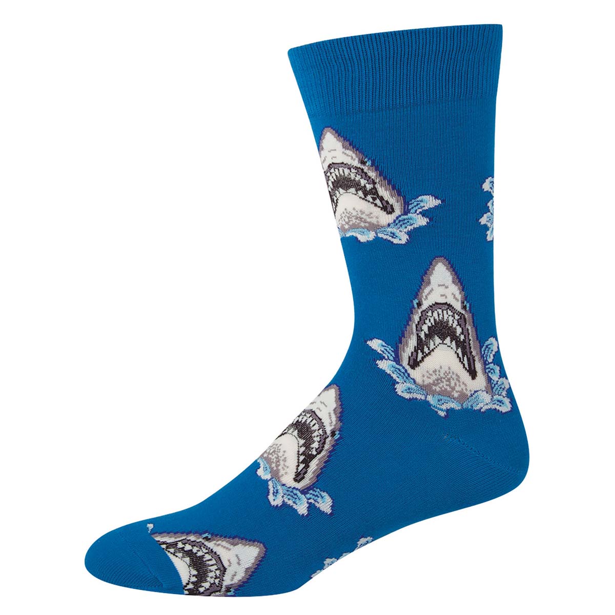 Blue sock with pattern of great white shark heads coming out of the water