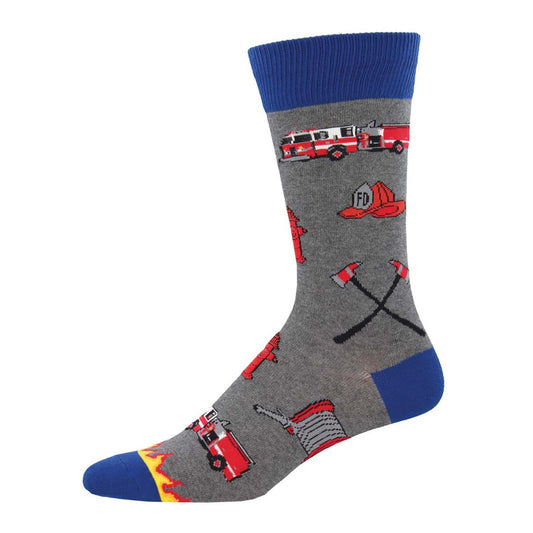 A pair of men's crew socks with a firefighter theme, featuring images of firetrucks, axes, hydrants, hoses, and flames on a gray background with blue cuffs.