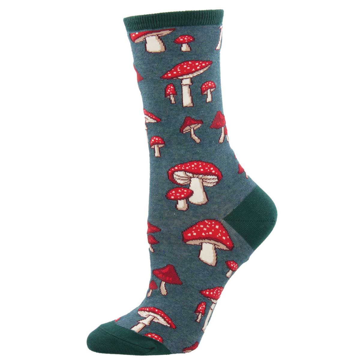 Sock with red and white mushroom pattern on a blue background