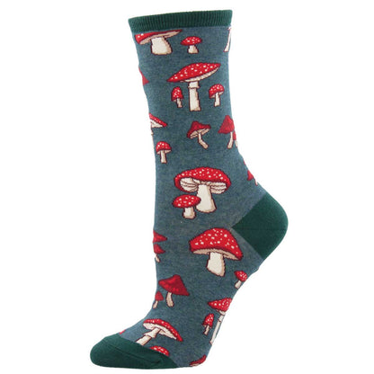 Sock with red and white mushroom pattern on a blue background