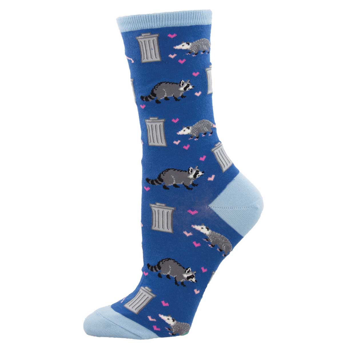 Trashy Love women's blue sock with opossum, raccoon, trash can, and hearts design