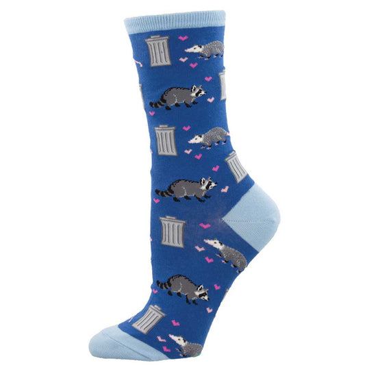 Trashy Love women's blue sock with opossum, raccoon, trash can, and hearts design