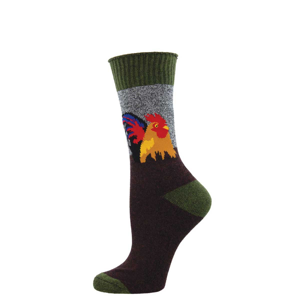 A pair of colorful socks with a rooster design, featuring a mix of green, blue, and red colors.