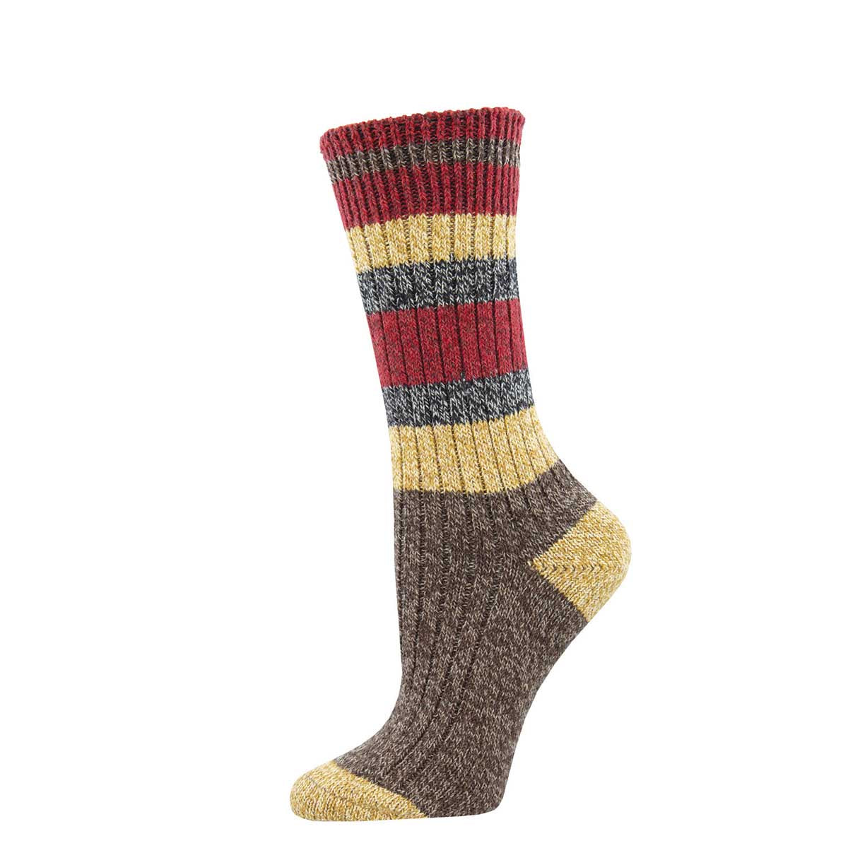 A pair of striped socks with a recycled blend composition, featuring various colors including red, yellow, and brown.