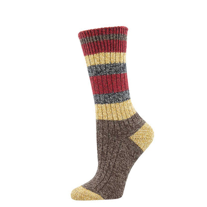 A pair of striped socks with a recycled blend composition, featuring various colors including red, yellow, and brown.