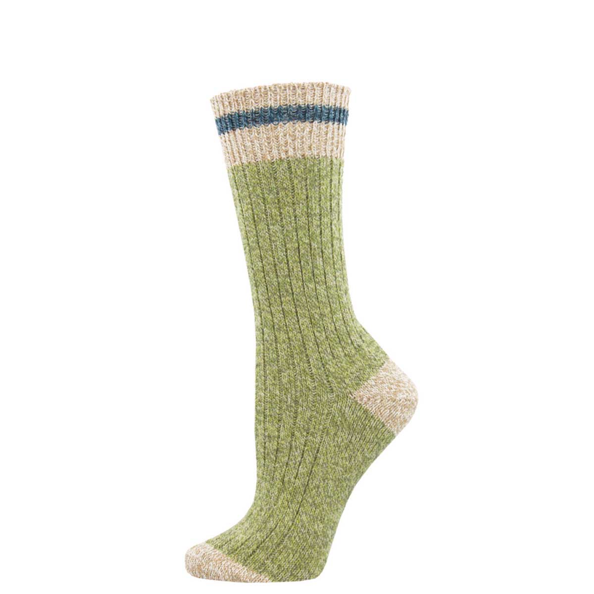 A pair of light green and ivory striped socks designed for the rugged outdoors and cozy indoors, made from recycled wool and cotton blend.