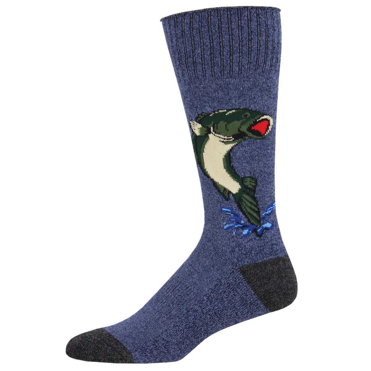 A pair of blue socks with a large fish design on the upper shaft, featuring a padded footbed and arch support.