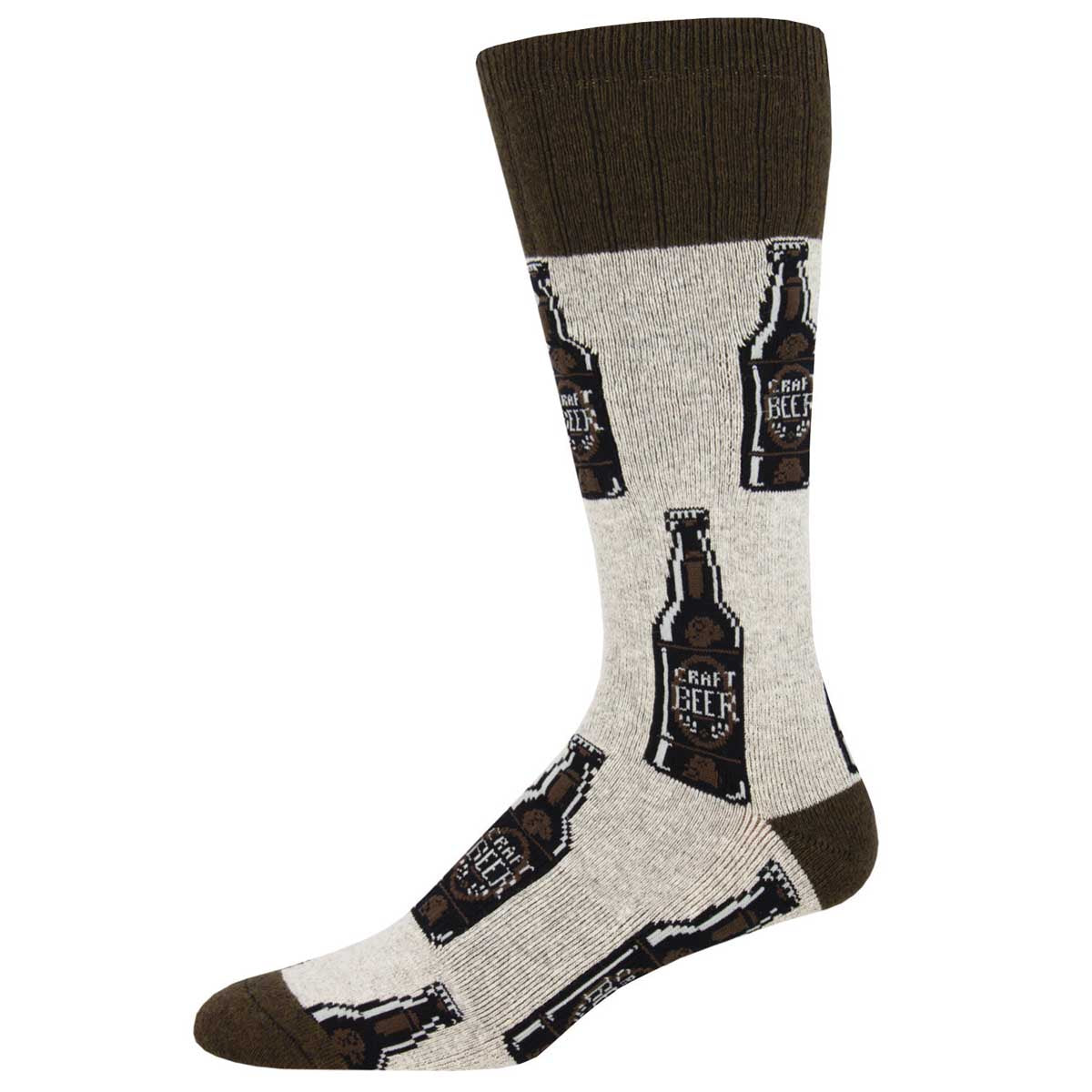 A pair of men's socks with a pattern of beer bottles and text that says 'Craft Beer'.