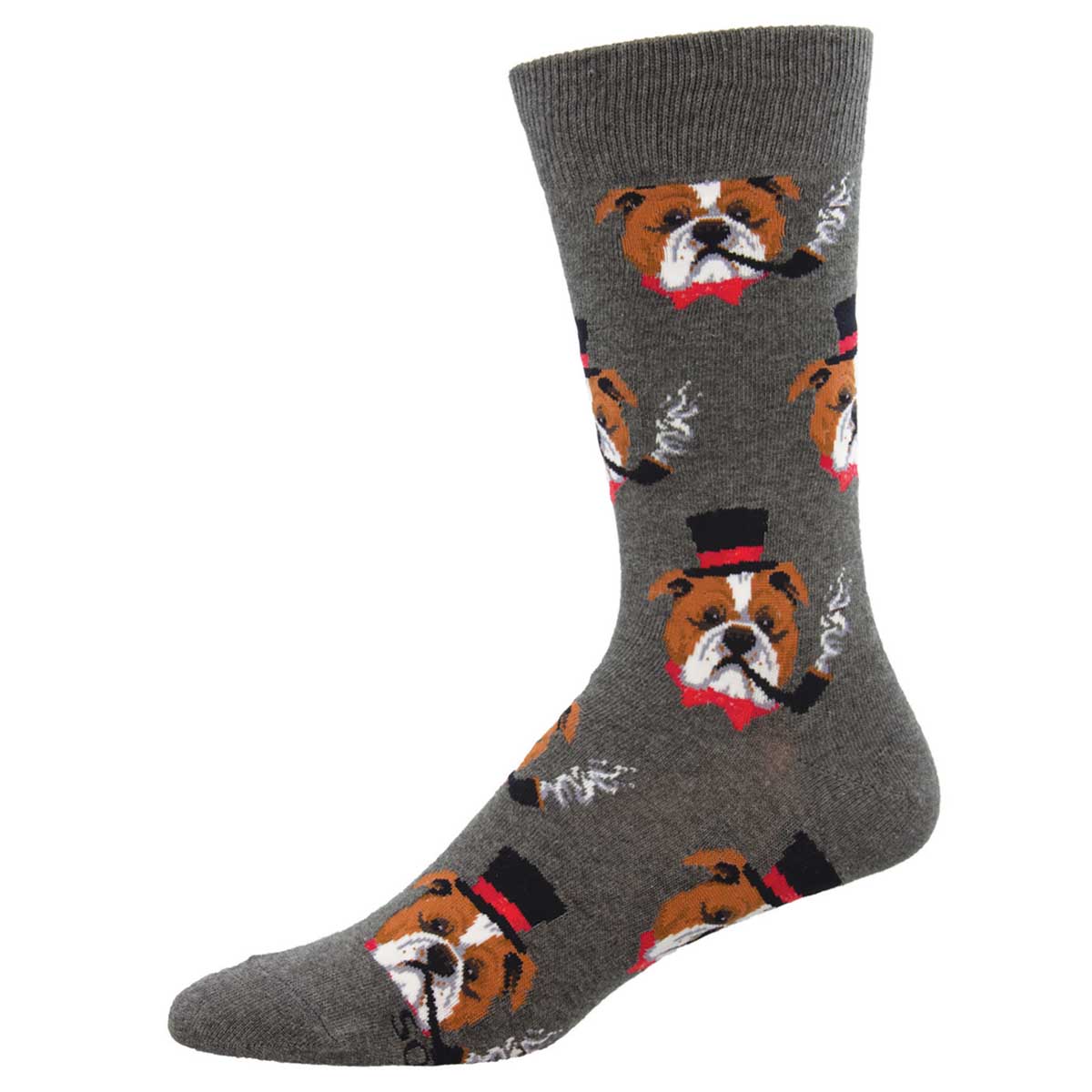 A pair of charcoal gray crew socks with a pattern of cartoon dog faces in a repeated design.