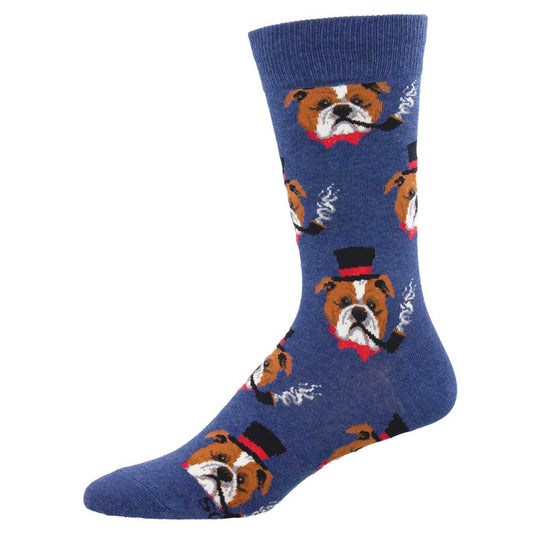 A pair of blue crew socks with a pattern of cartoon dog faces in a repeated design.